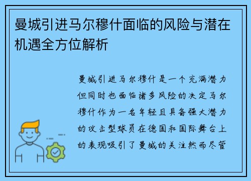 曼城引进马尔穆什面临的风险与潜在机遇全方位解析